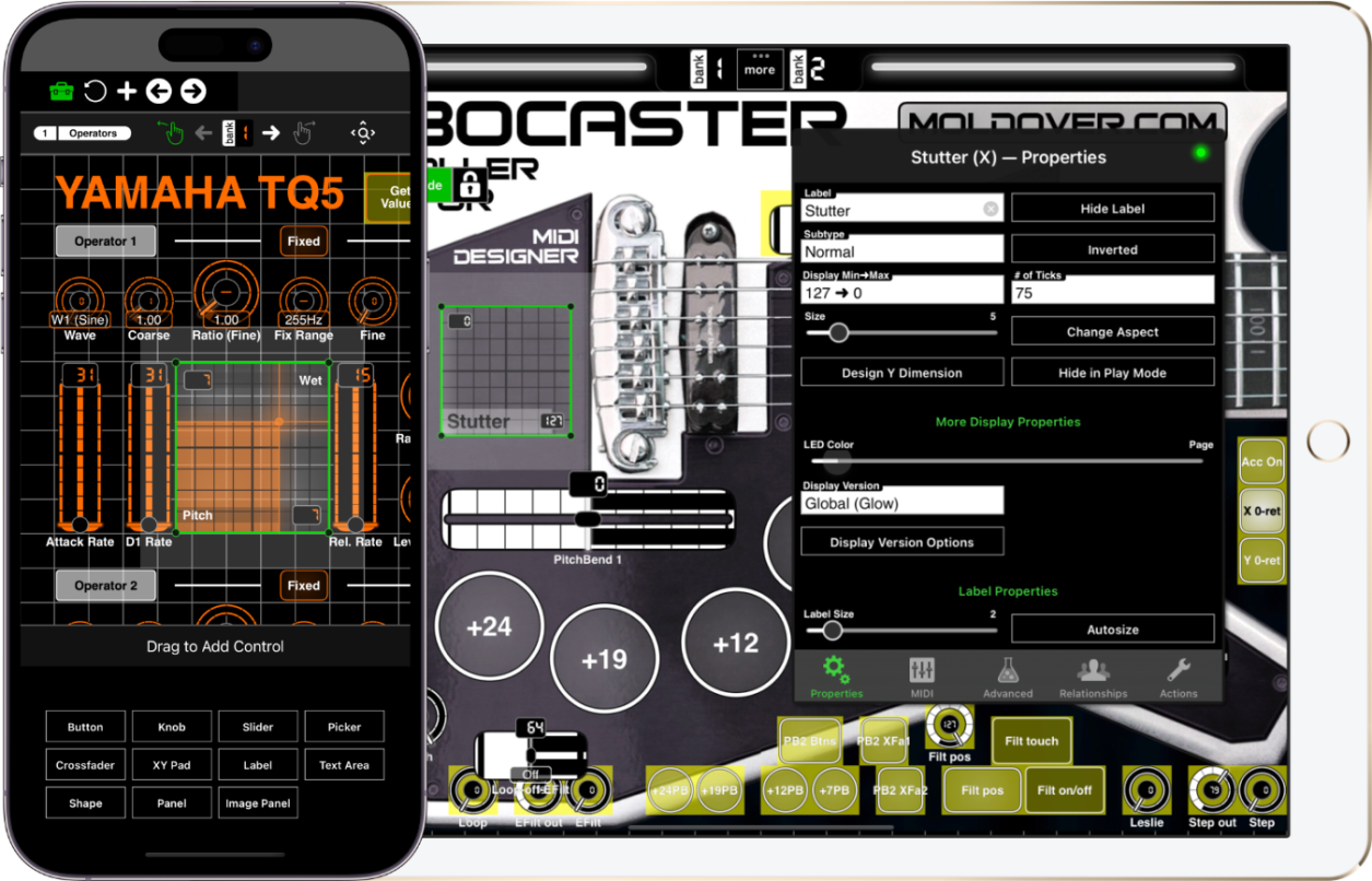 MIDI Designer Design Mode, iPad and iPhone MIDI Designer Shown on iPad and iPhone