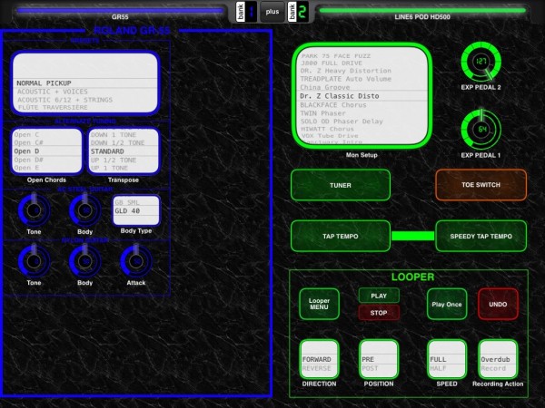 POD HD500 + GR55 layout for live sessions.