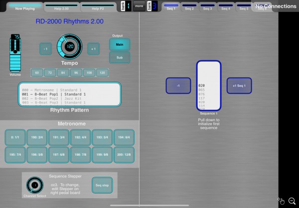 'Now Playing' and controls (left) - Sample sequence page (right)