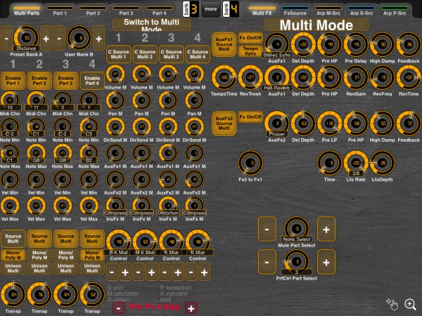 Multi Parts 1-4 edit / Multi Fx edit, Part mute and select