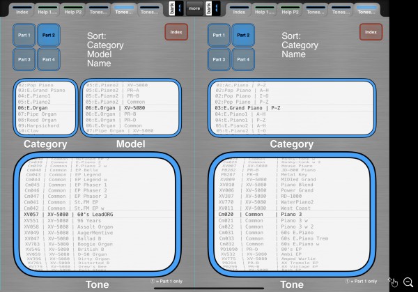 Tones pages: Category / Model / Name sort & Category / Name sort shown