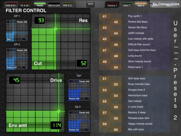 Page 3 with filter controls per x/y pads and User presets 41 to 60. the little pads dummys