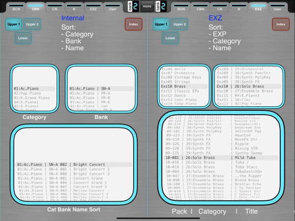 Several sorts for easier access to tones, internal and expansion