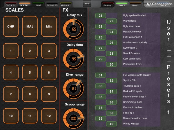 Page 2 with scales and FX and User presets 21 to 40
