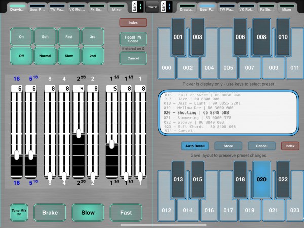 Drawbars, percussion, rotary controls | 24 User presets in style of old organ reverse keys