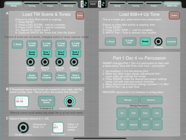 Setup Page, load scene & tones, other settings | Load 838+4Up Tone, remap percussion